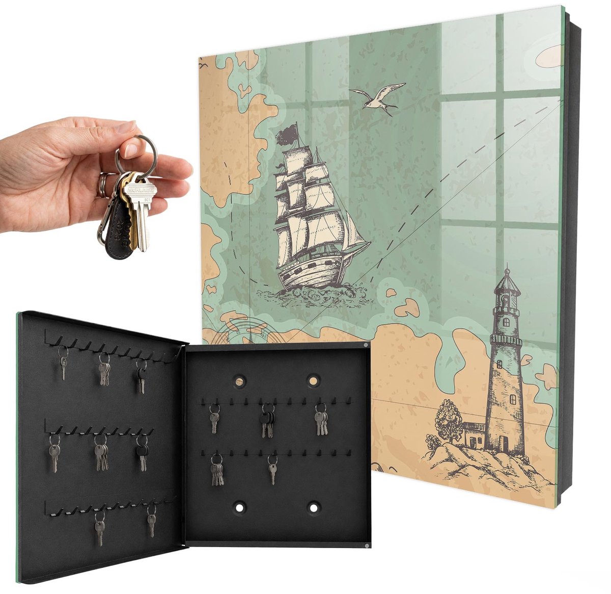 WallMuralia - Sleutelkast - 30x30x5 cm - met 50 haken - Zeeavontuur Sleutelkastje Hal - Beige Sleutelbox - Linksopenend - Zwart interieur