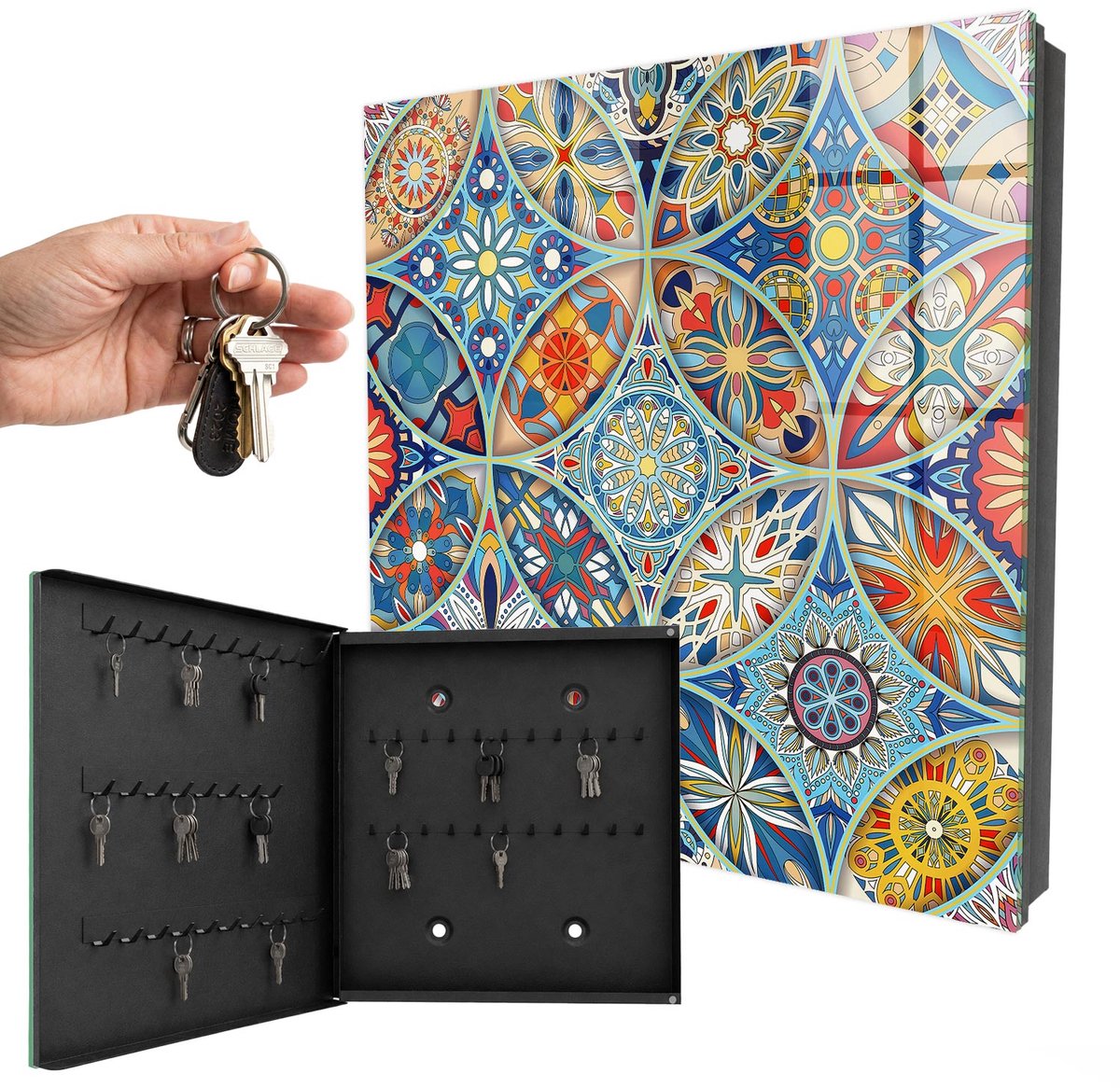 WallMuralia - Sleutelkast - 30x30x5 cm - met 50 haken - Kleurrijk Mozaïek Sleutelkastje Voor Binnen - Blauw Sleutelbox - Linksopenend - Zwart interieur