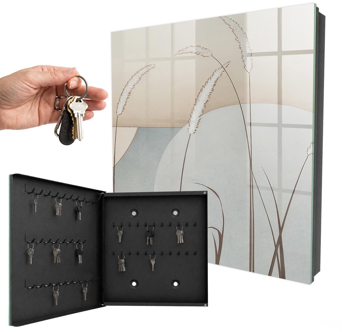 WallMuralia - Sleutelkast - 30x30x5 cm - met 50 haken - Natuurlijke Grassen Design Sleutelkastje - Beige Sleutelbox - Linksopenend - Zwart interieur