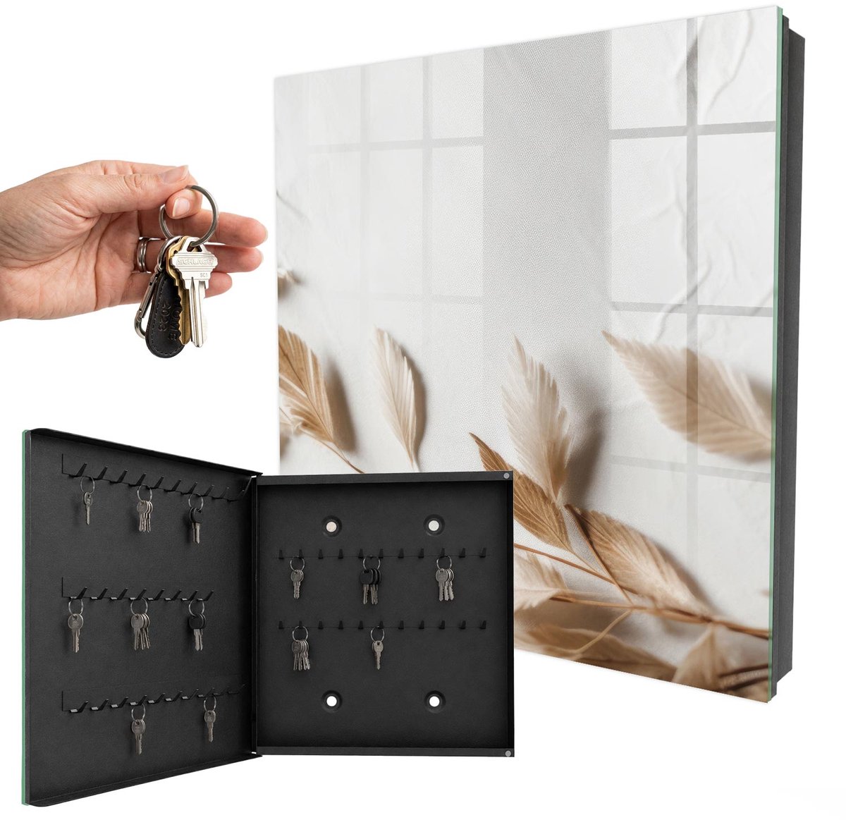WallMuralia - Sleutelkast - 30x30x5 cm - met 50 haken - Subtiele Natuur Sleutelkastje Klein - Beige Sleutelbox - Linksopenend - Zwart interieur