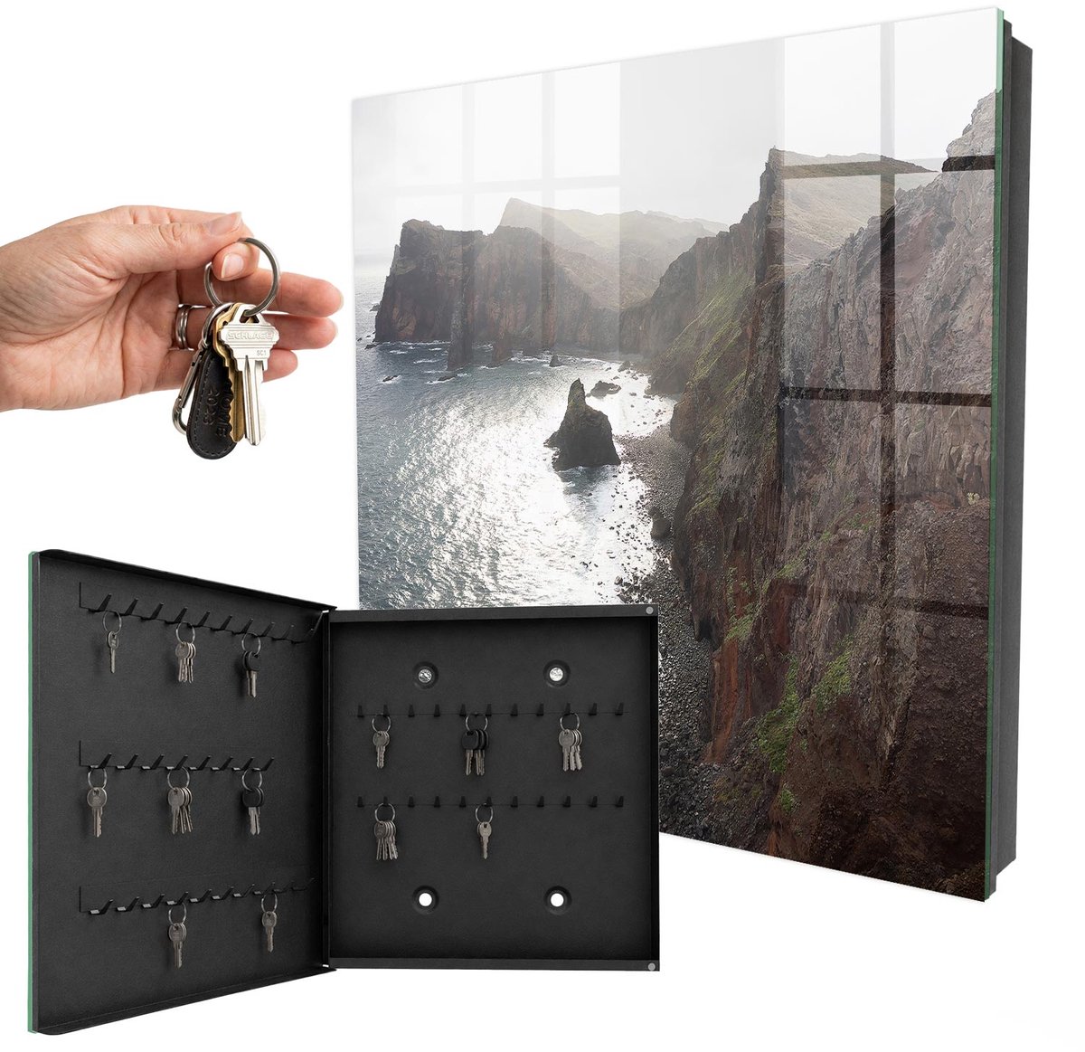 WallMuralia - Sleutelkast - 30x30x5 cm - met 50 haken - Oceaankliffen Sleutelkastje Hal - Bruin Sleutelbox - Linksopenend - Zwart interieur