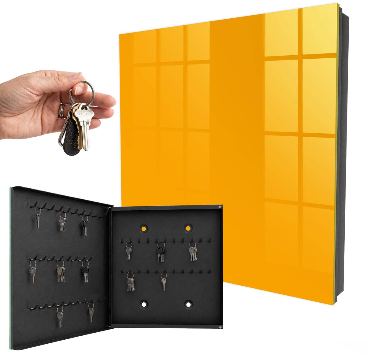 WallMuralia - Sleutelkast - 30x30x5 cm - met 50 haken - Oranje Sleutelkastje Binnen - Oranje Sleutelbox - Linksopenend - Zwart interieur