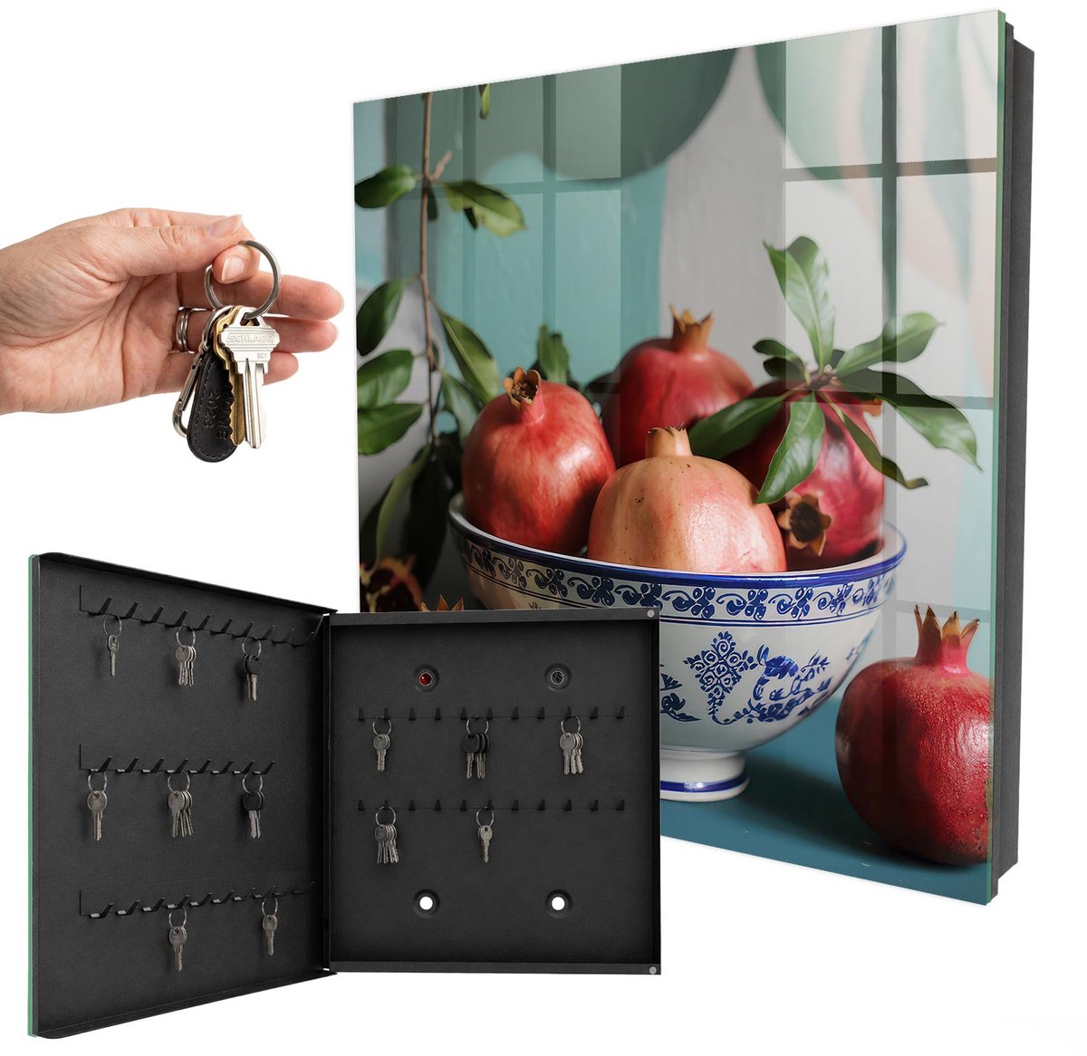 WallMuralia - Sleutelkast - 30x30x5 cm - met 50 haken - Granaatappelvrucht Sleutelkastje - Rood Sleutelbox - Linksopenend - Zwart interieur