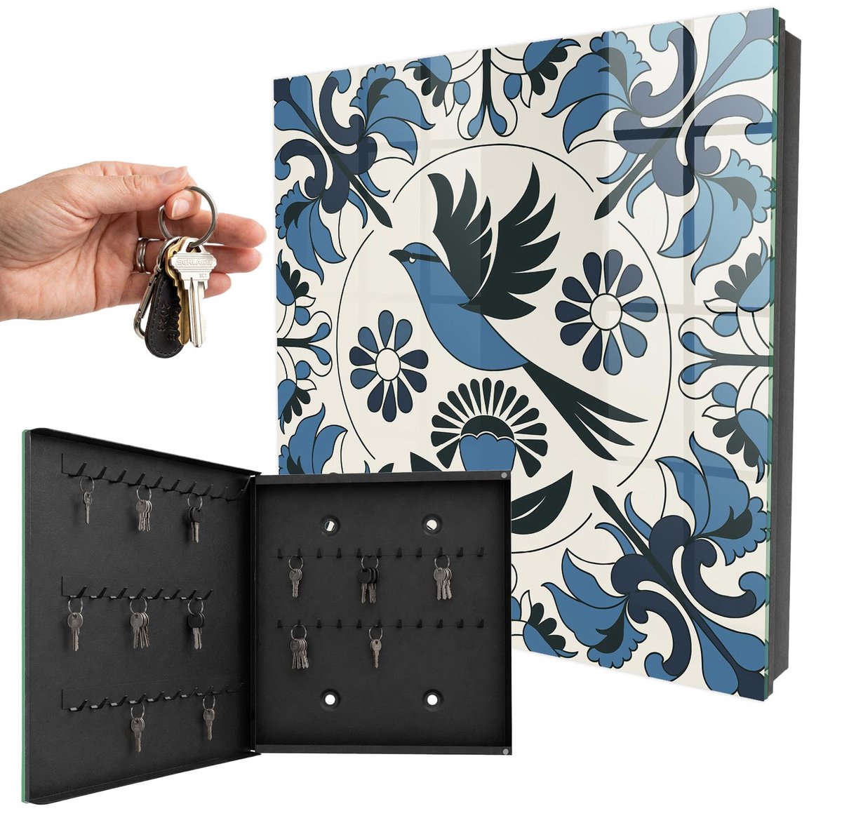 WallMuralia - Sleutelkast - 30x30x5 cm - met 50 haken - Blauwe Vogel Sleutelkastje - Blauw Sleutelbox - Linksopenend - Zwart interieur