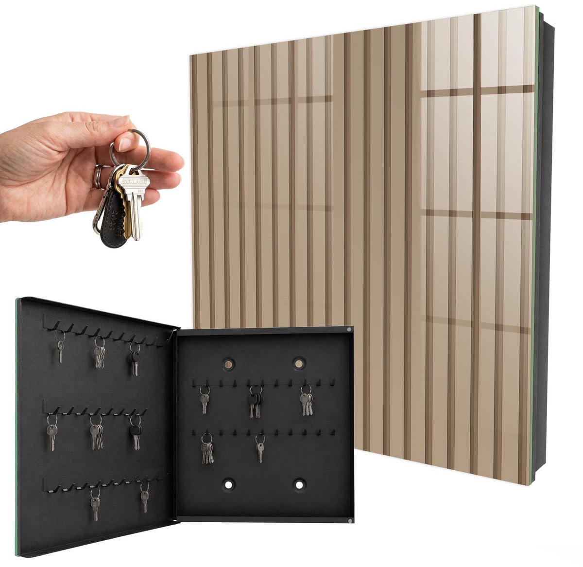 WallMuralia - Sleutelkast - 30x30x5 cm - met 50 haken - Rustgevende Strepen Sleutelkastje Landelijk - Beige Sleutelbox - Linksopenend - Zwart interieur
