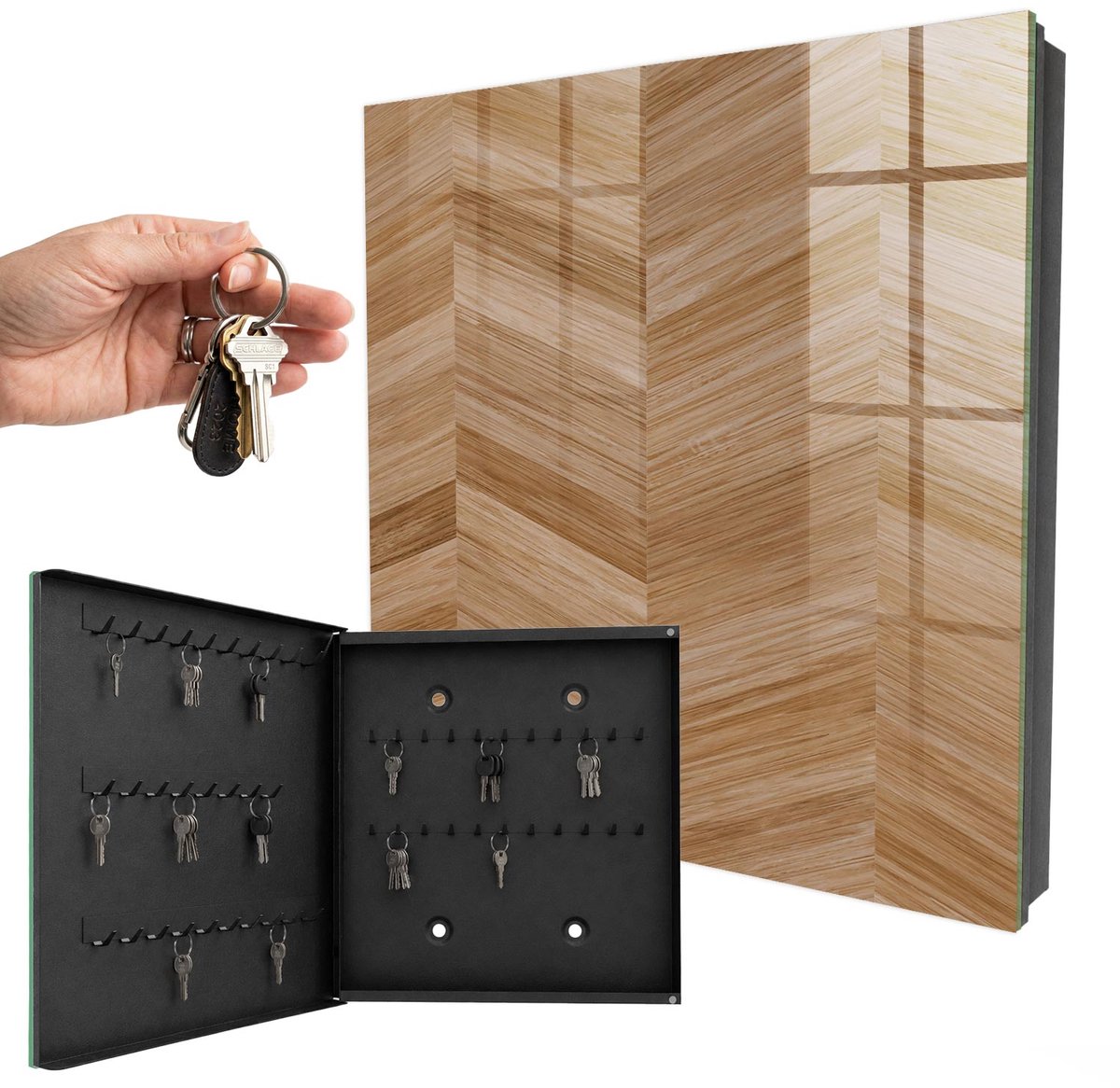 WallMuralia - Sleutelkast - 30x30x5 cm - met 50 haken - Houten Visgraatmotief Sleutelkastje Modern - Bruin Sleutelbox - Linksopenend - Zwart interieur