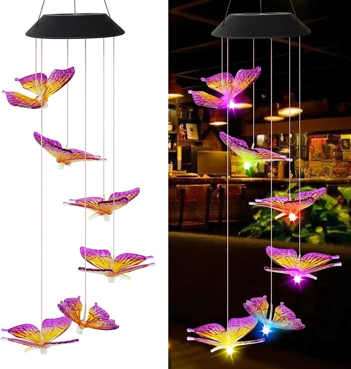 Windspel op zonne-energie met vlinders, paars en geel, van kleur veranderende led, hangende tuinlamp