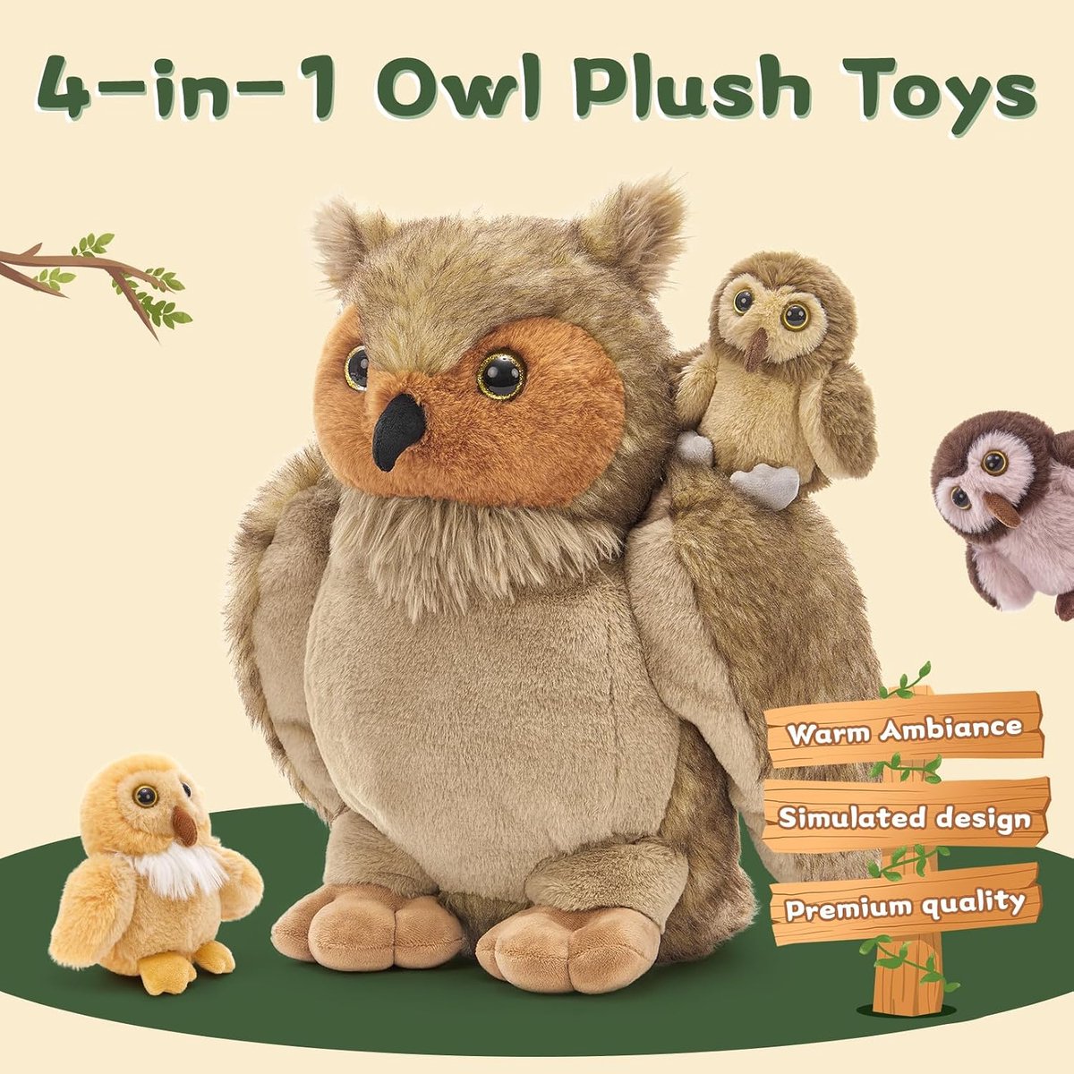 Reusachtige pluche uil XXL 45 cm met baby's in de buik, grote uilen van pluche, realistisch, zacht, schattig, cadeau-idee voor kinderen, meisjes, jongens, verjaardag, kerstdecoratie