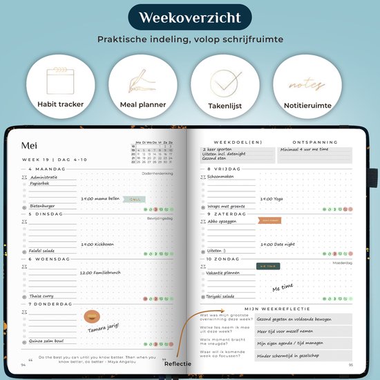 Open agenda met weekoverzicht, inclusief dagindeling en weekreflectie.