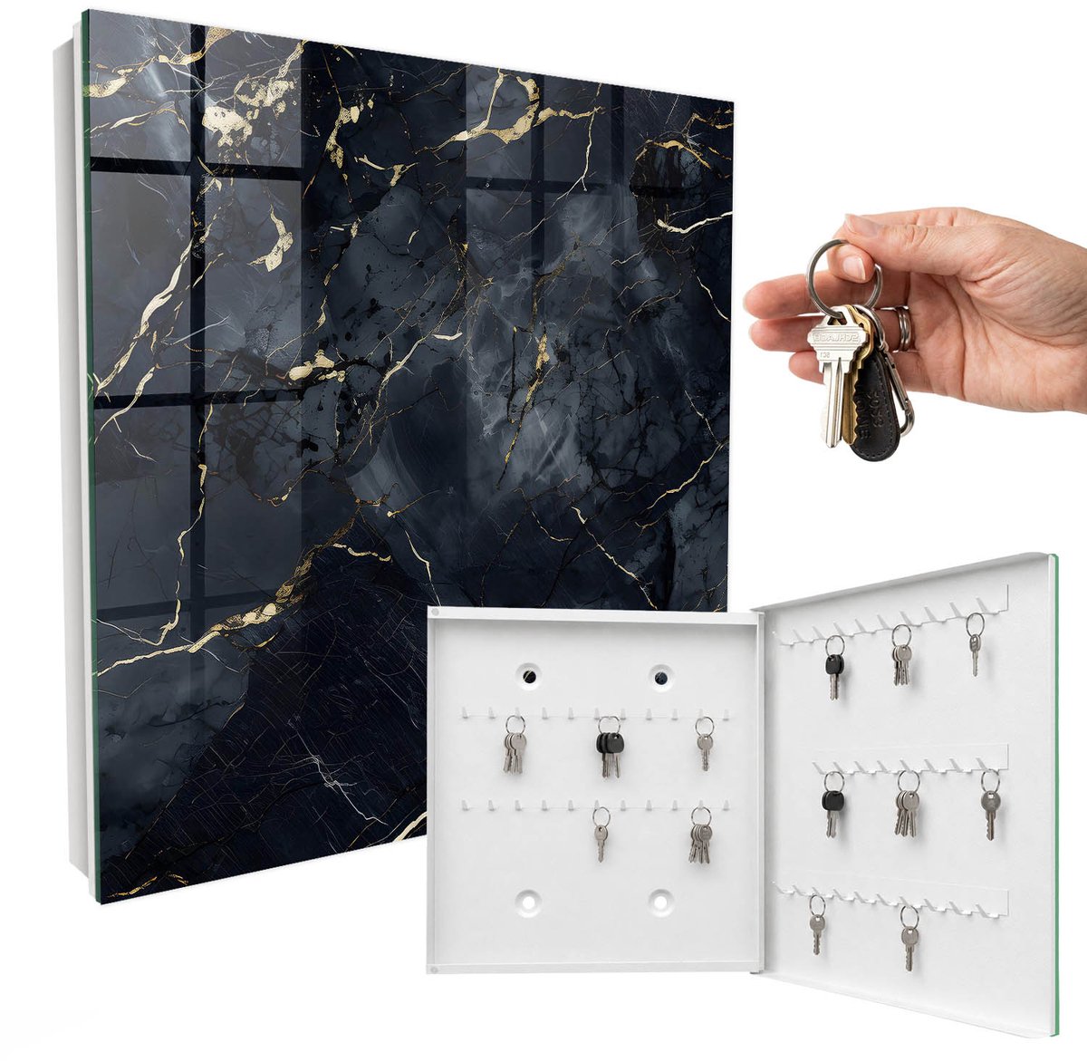 WallMuralia - Sleutelkast - 30x30x5 cm - met 50 haken - Moderne Elegantie Sleutelkastje Klein - Grijs Sleutelbox - Rechtsopenend - Wit interieur
