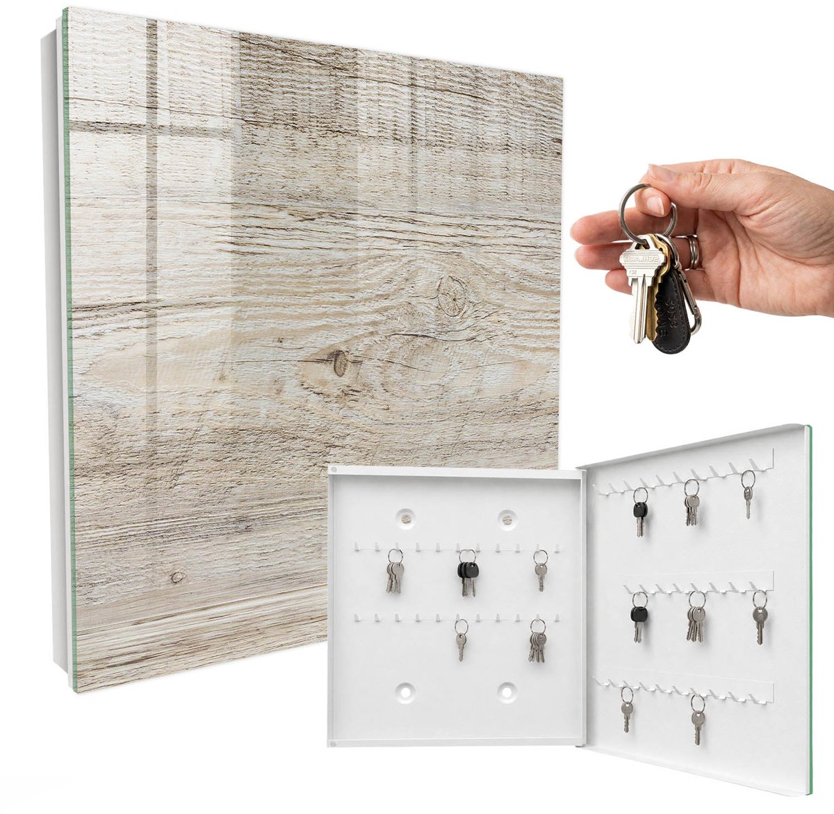 WallMuralia - Sleutelkast - 30x30x5 cm - met 50 haken - Houtstructuur Sleutelkastje Huis - Beige Sleutelbox - Rechtsopenend - Wit interieur