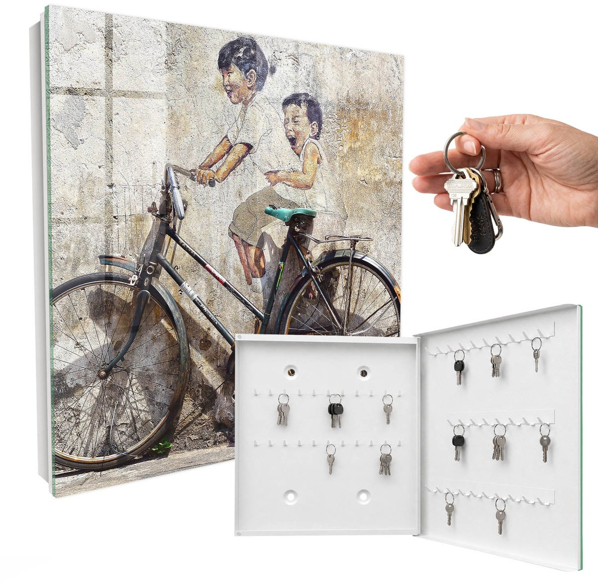 WallMuralia - Sleutelkast - 30x30x5 cm - met 50 haken - Kinderen En Fiets Sleutelkastje Hal - Beige Sleutelbox - Rechtsopenend - Wit interieur