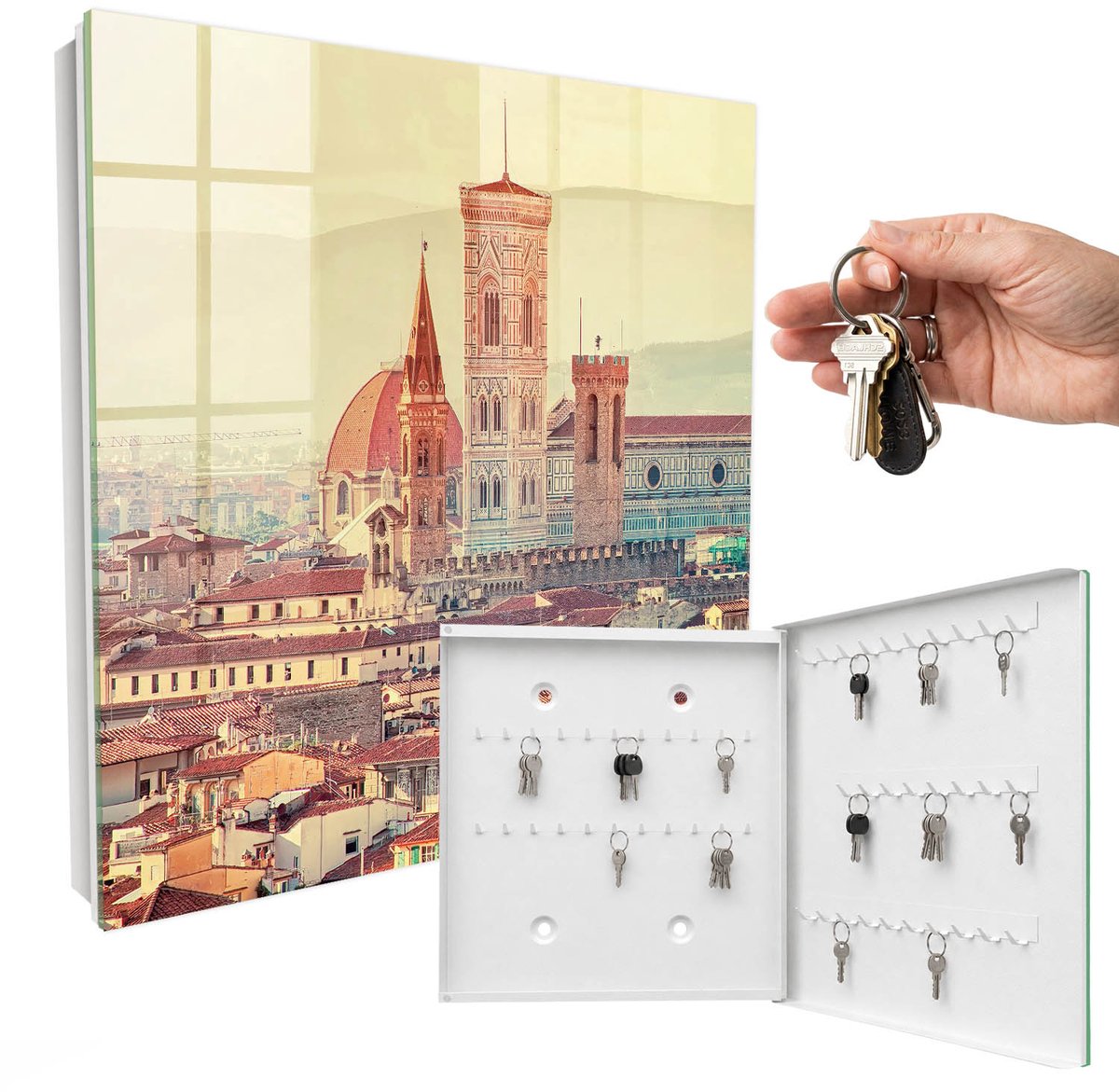 WallMuralia - Sleutelkast - 30x30x5 cm - met 50 haken - Stedelijke Elegantie Sleutelkastje - Beige Sleutelbox - Rechtsopenend - Wit interieur