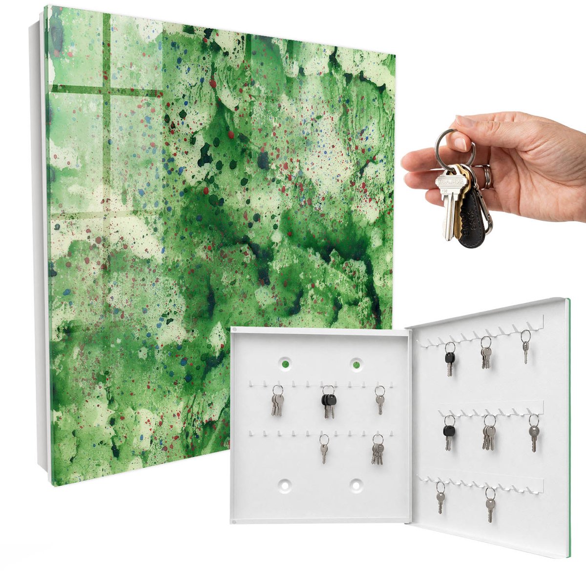WallMuralia - Sleutelkast - 30x30x5 cm - met 50 haken - Groene Chaos Sleutelkastje Design - Groente Sleutelbox - Rechtsopenend - Wit interieur