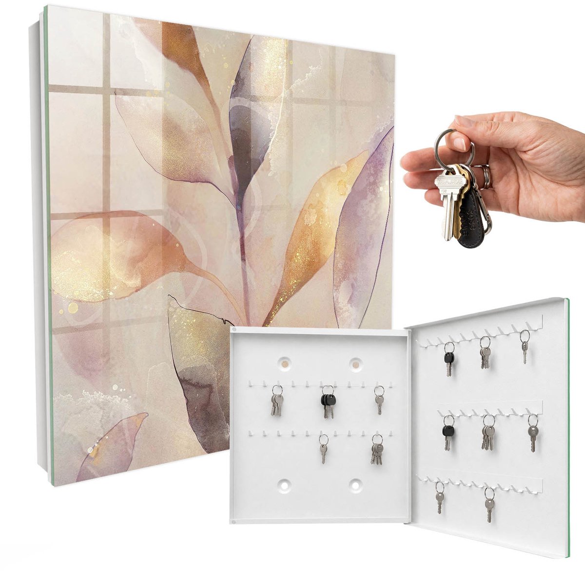 WallMuralia - Sleutelkast - 30x30x5 cm - met 50 haken - Pastelkleurige Bladeren Sleutelkastje Hal - Beige Sleutelbox - Rechtsopenend - Wit interieur