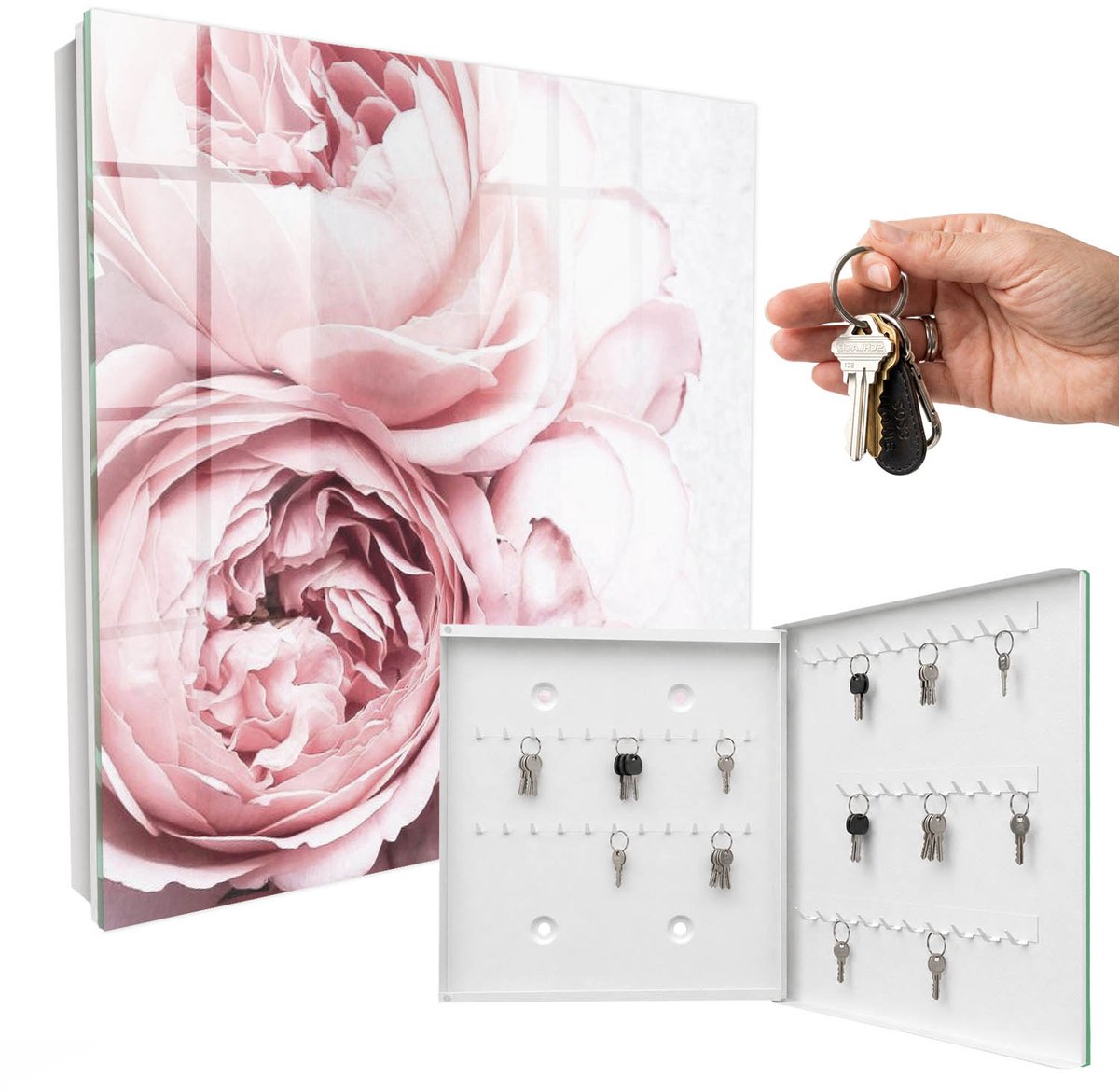 WallMuralia - Sleutelkast - 30x30x5 cm - met 50 haken - Roze Schoonheid Sleutelkastje - Roze Sleutelbox - Rechtsopenend - Wit interieur