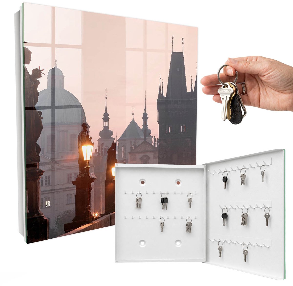 WallMuralia - Sleutelkast - 30x30x5 cm - met 50 haken - Historische Brug Sleutelkastje Muur - Roze Sleutelbox - Rechtsopenend - Wit interieur