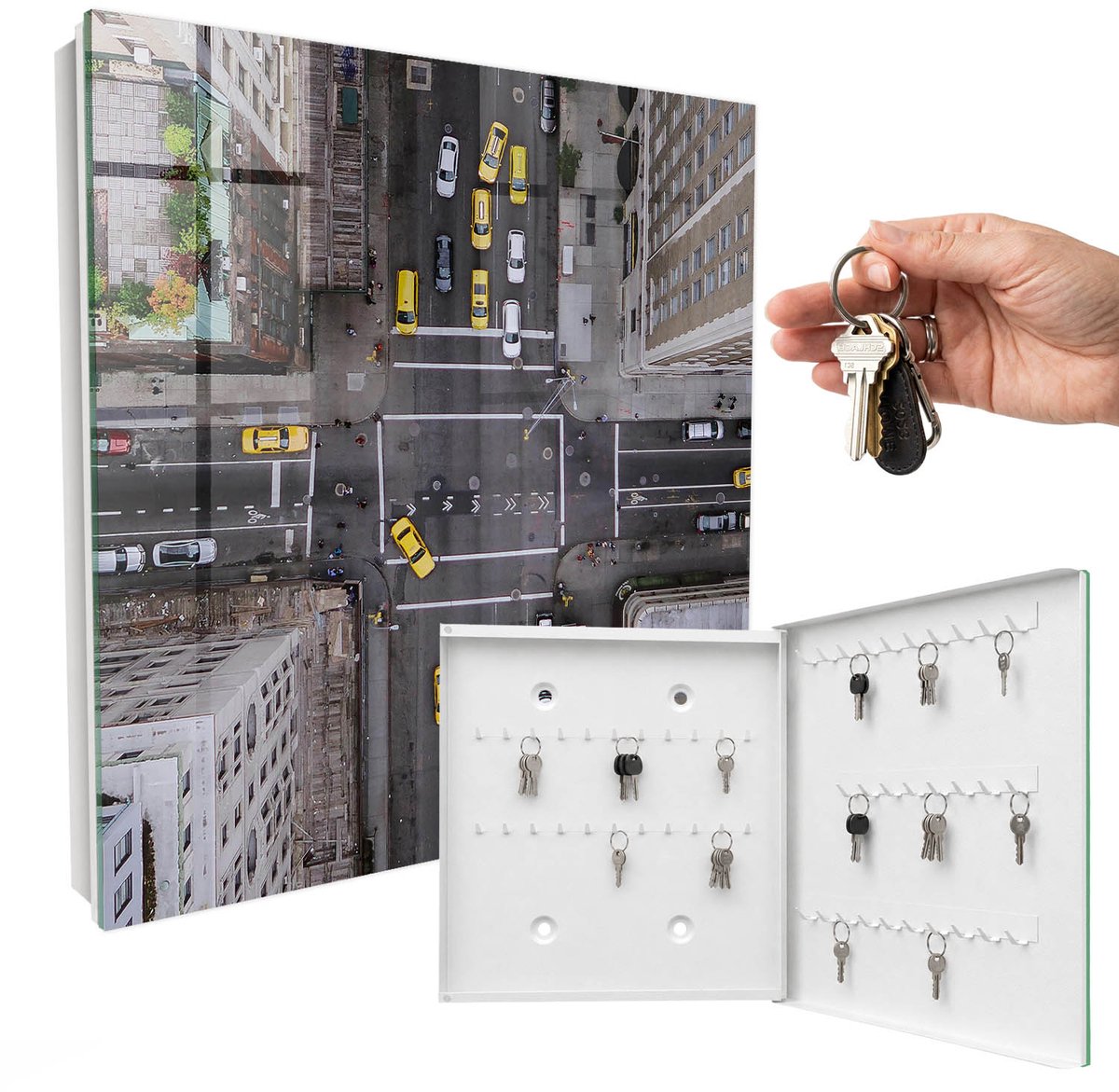 WallMuralia - Sleutelkast - 30x30x5 cm - met 50 haken - Stadsstraten Sleutelkastje Gang - Grijs Sleutelbox - Rechtsopenend - Wit interieur