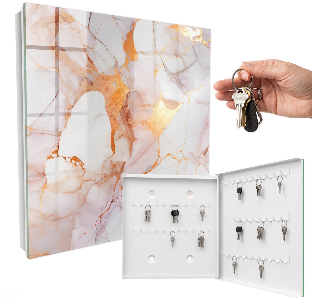 WallMuralia - Sleutelkast - 30x30x5 cm - met 50 haken - Marmeren Elegantie Sleutelkastje - Wit Sleutelbox - Rechtsopenend - Wit interieur