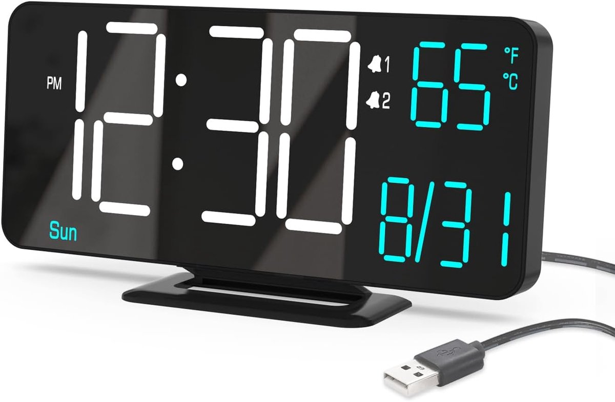 Digitale klok voor slaapkamer, 17 cm, kleine digitale wekker, zwart, dimmen, 12/24 uur, datum, weekdag, temperatuur, computerklok voor klaslokaal, led-klok voor