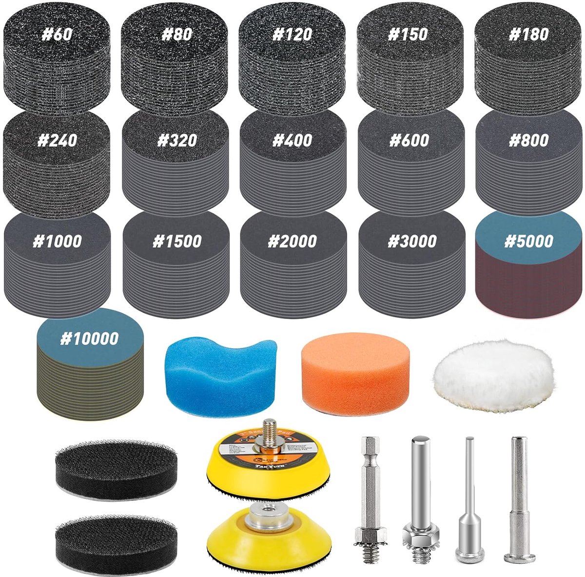 331 stuks nat schuurpapier, klittenband, 50 mm, korrel 60-10.000 schuurpapier voor schroevendraaiers/boormachine, schuurpads, grof fijn nat schuurpapier voor auto, metaal, hout, verf