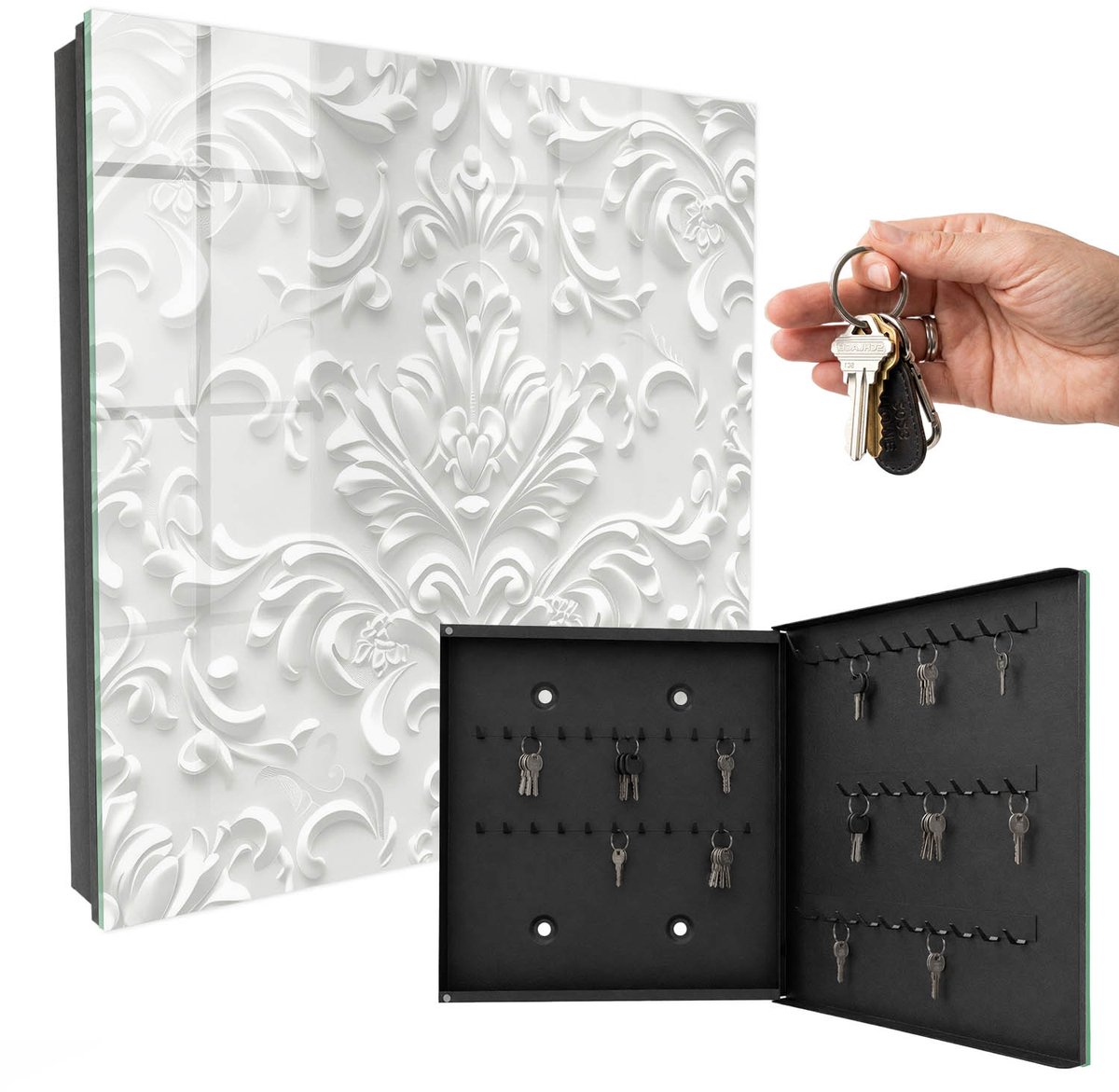 WallMuralia - Sleutelkast - 30x30x5 cm - met 50 haken - Rijke Versiering Sleutelkastje Voor Binnen - Wit Sleutelbox - Rechtsopenend - Zwart interieur
