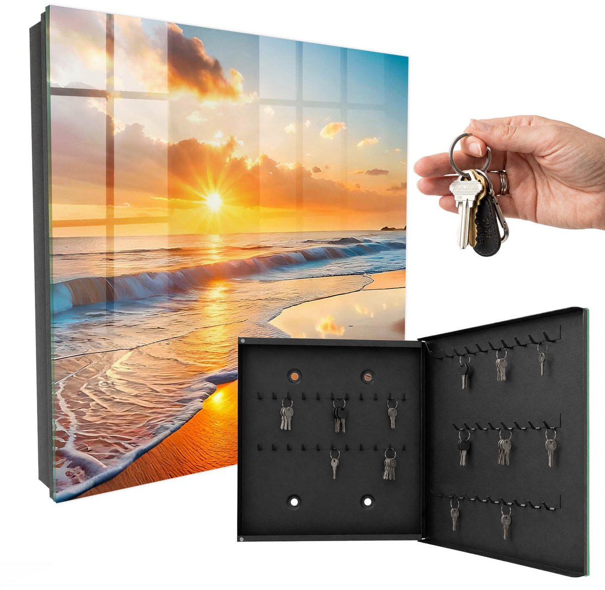 WallMuralia - Sleutelkast - 30x30x5 cm - met 50 haken - Zonsondergang Boven De Oceaan Sleutelkastje Binnen - Oranje Sleutelbox - Rechtsopenend - Zwart interieur