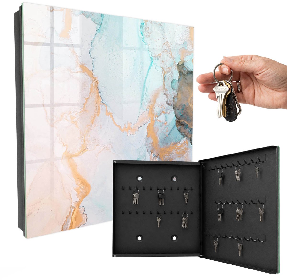 WallMuralia - Sleutelkast - 30x30x5 cm - met 50 haken - Kleurrijk Marmer Design Sleutelkastje - Blauw Sleutelbox - Rechtsopenend - Zwart interieur
