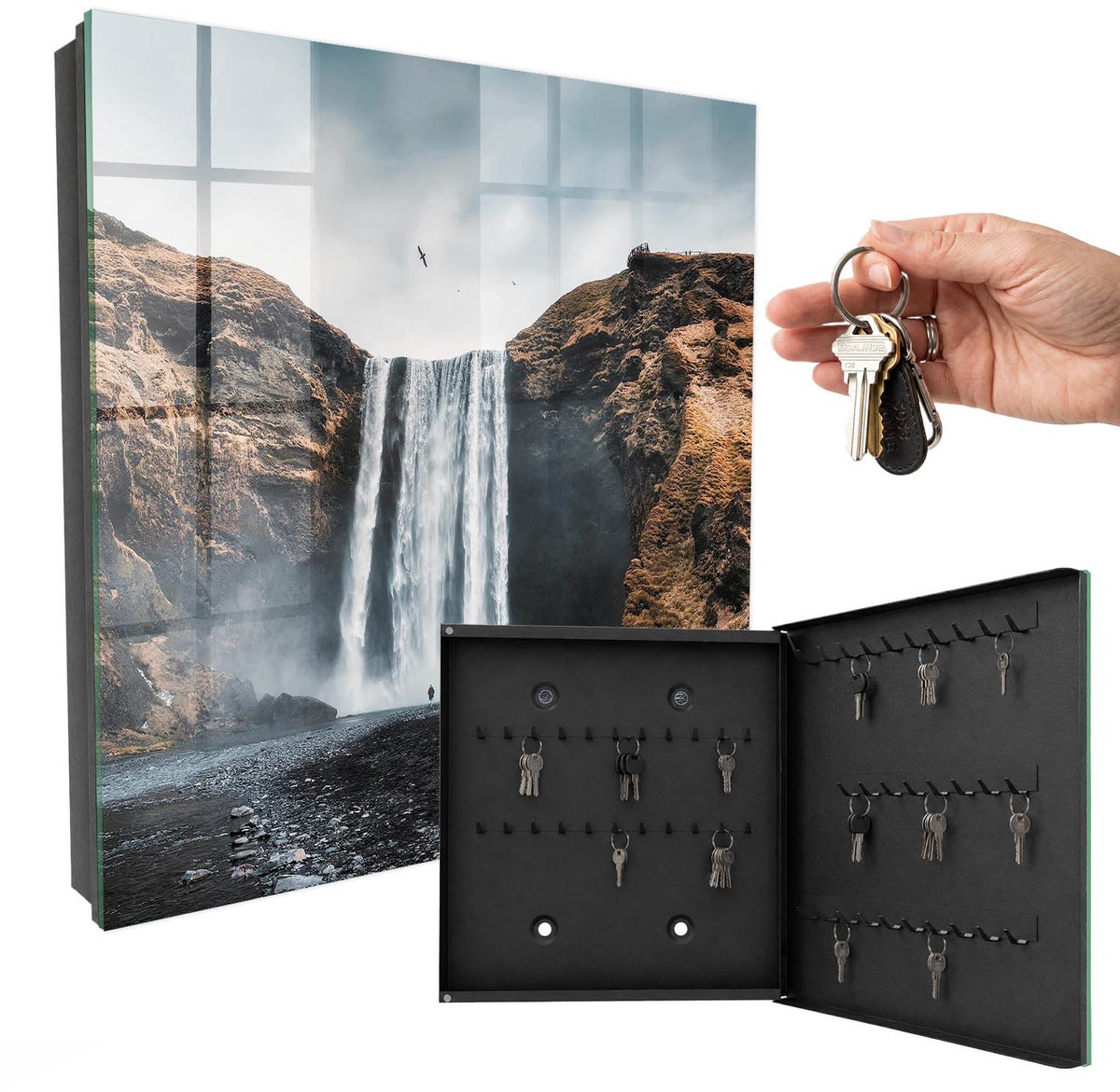 WallMuralia - Sleutelkast - 30x30x5 cm - met 50 haken - De Kracht Van De Natuur Sleutelkastje Klein - Bruin Sleutelbox - Rechtsopenend - Zwart interieur