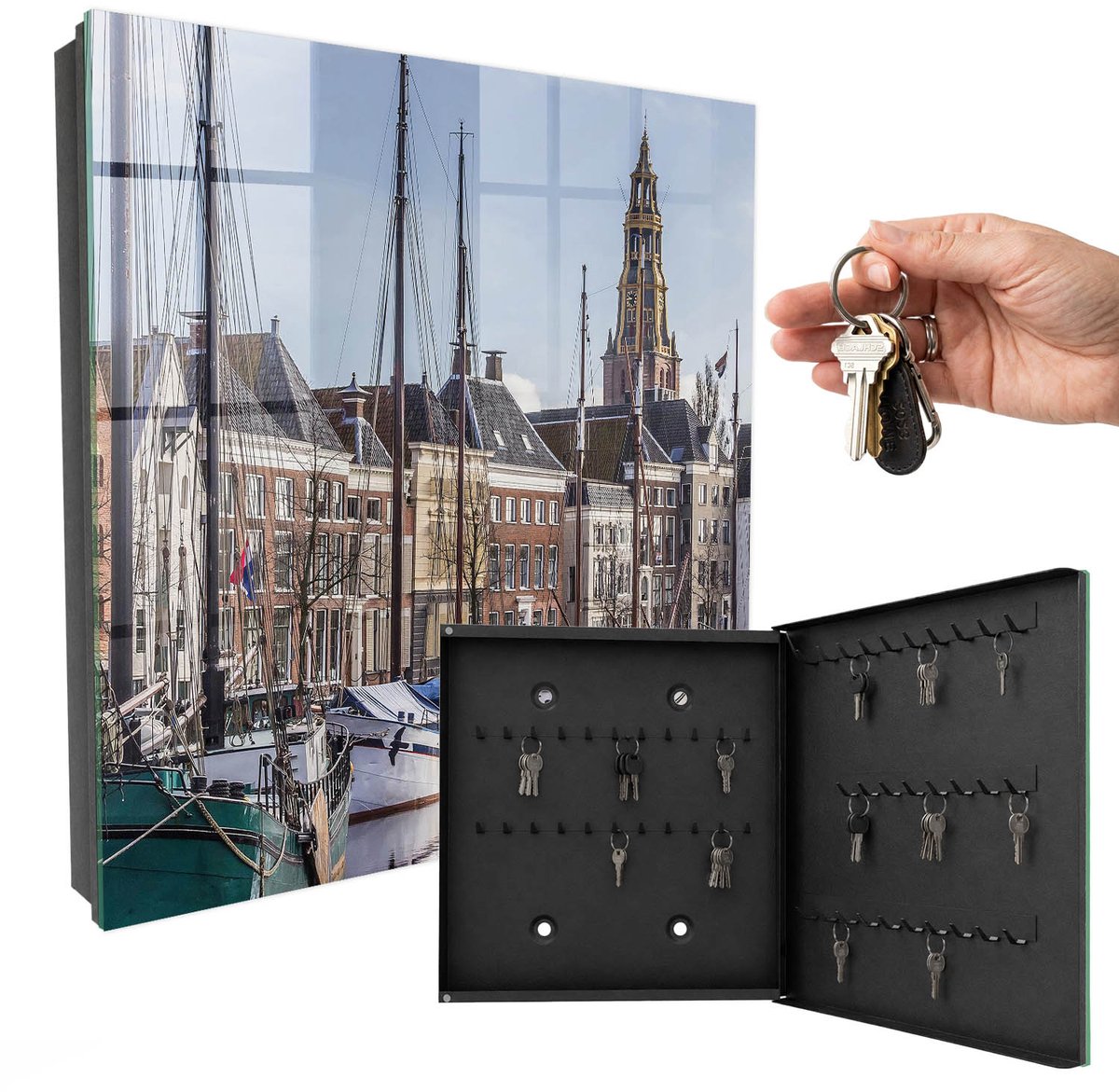 WallMuralia - Sleutelkast - 30x30x5 cm - met 50 haken - Zeilen Op Het Water Sleutelkastje Muur - Blauw Sleutelbox - Rechtsopenend - Zwart interieur