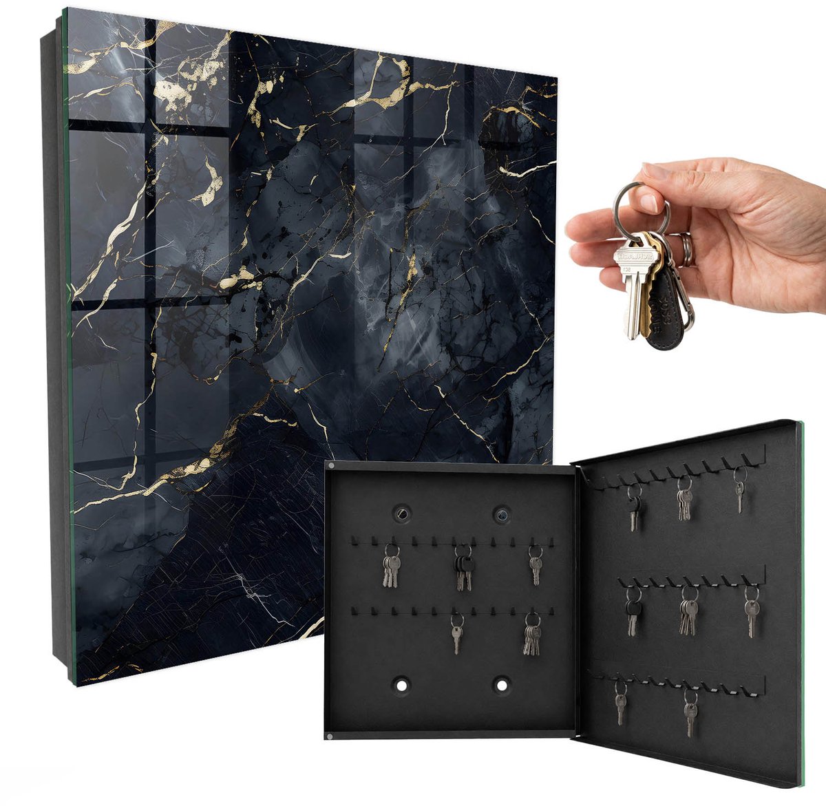WallMuralia - Sleutelkast - 30x30x5 cm - met 50 haken - Moderne Elegantie Groot Sleutelkastje - Grijs Sleutelbox - Rechtsopenend - Zwart interieur