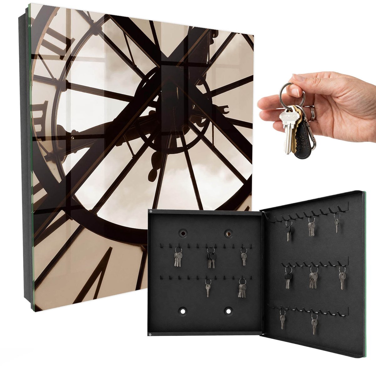 WallMuralia - Sleutelkast - 30x30x5 cm - met 50 haken - Industriële Elegantie Sleutelkastje Modern - Bruin Sleutelbox - Rechtsopenend - Zwart interieur