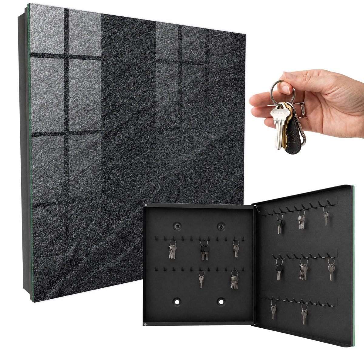 WallMuralia - Sleutelkast - 30x30x5 cm - met 50 haken - Stenen Constructie Sleutelkastje Design - Zwart Sleutelbox - Rechtsopenend - Zwart interieur