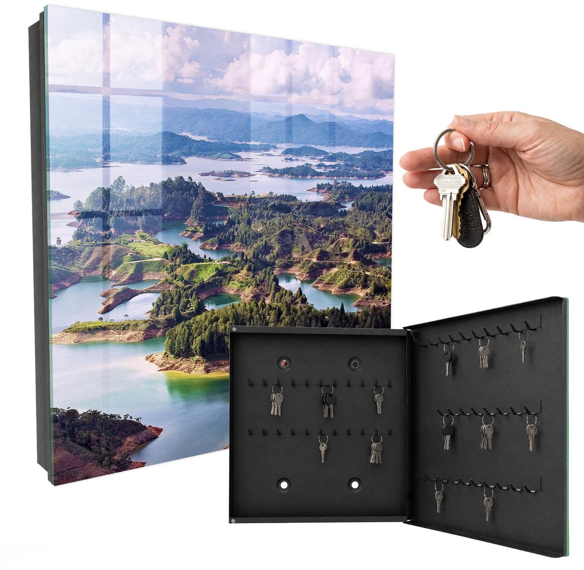WallMuralia - Sleutelkast - 30x30x5 cm - met 50 haken - Groene Eilanden Sleutelkastje Klein - Groente Sleutelbox - Rechtsopenend - Zwart interieur