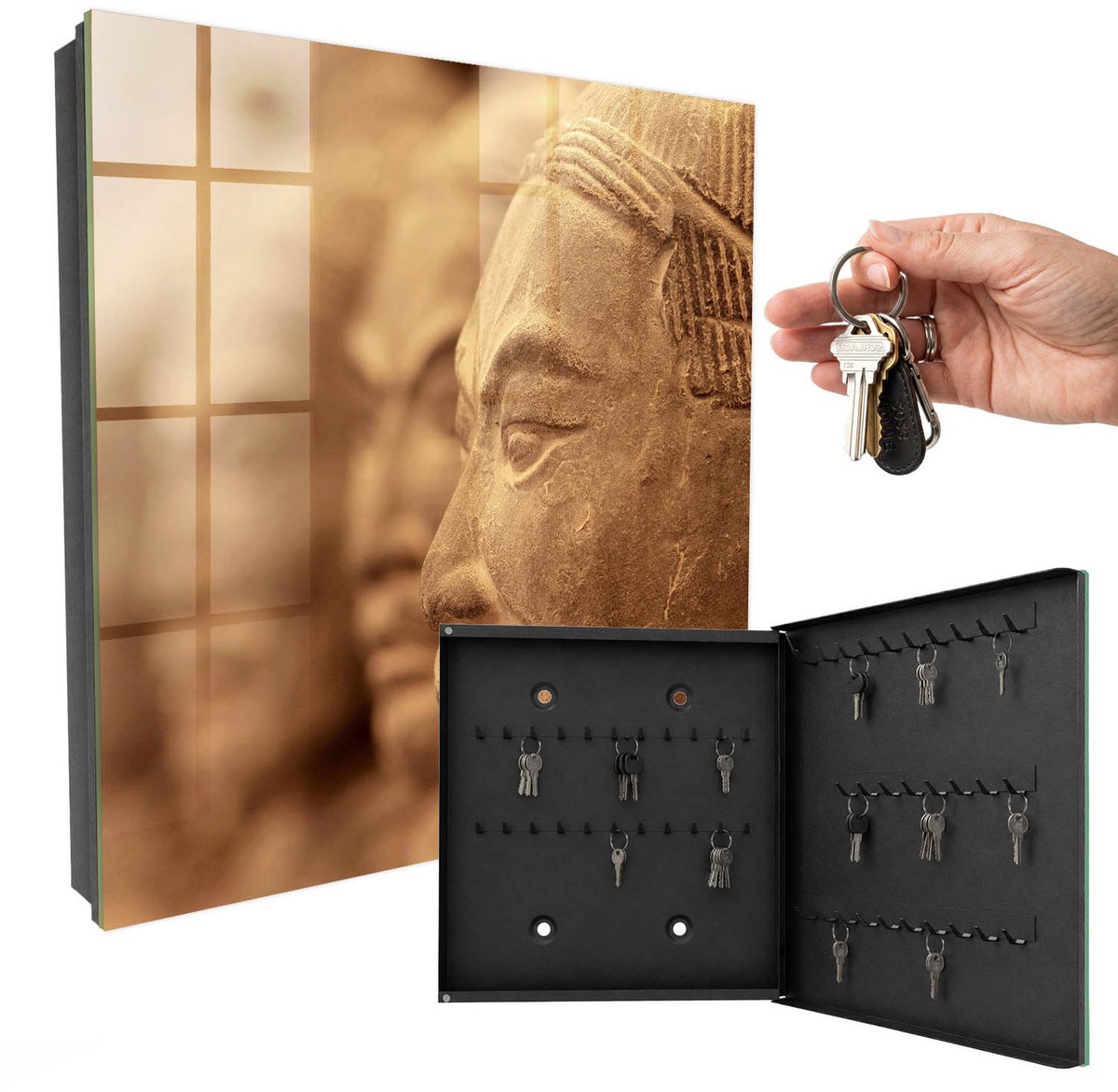 WallMuralia - Sleutelkast - 30x30x5 cm - met 50 haken - Historische Sculptuur Design Sleutelkastje - Beige Sleutelbox - Rechtsopenend - Zwart interieur