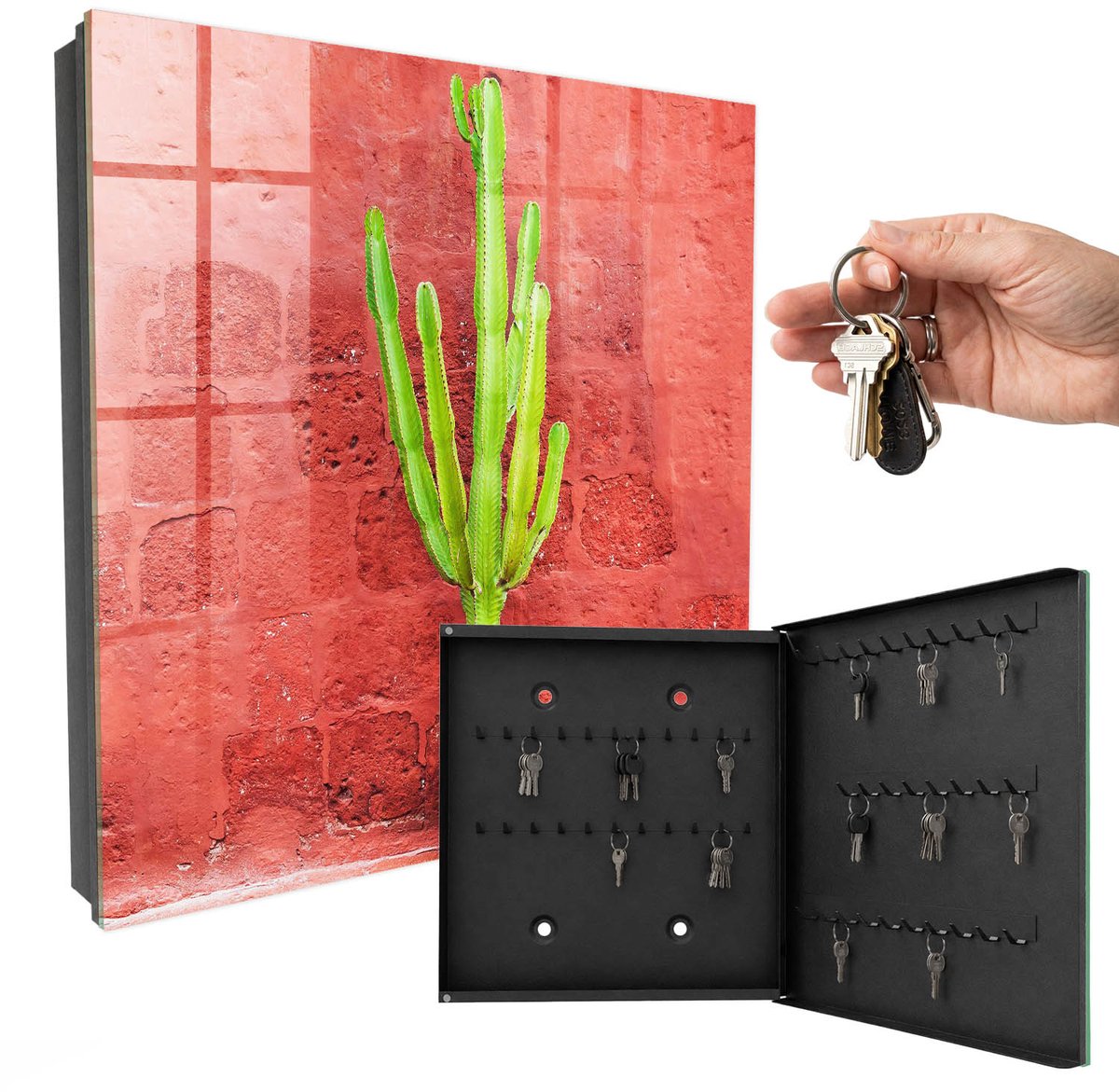 WallMuralia - Sleutelkast - 30x30x5 cm - met 50 haken - Groene Cactus Sleutelkastje Hal - Rood Sleutelbox - Rechtsopenend - Zwart interieur