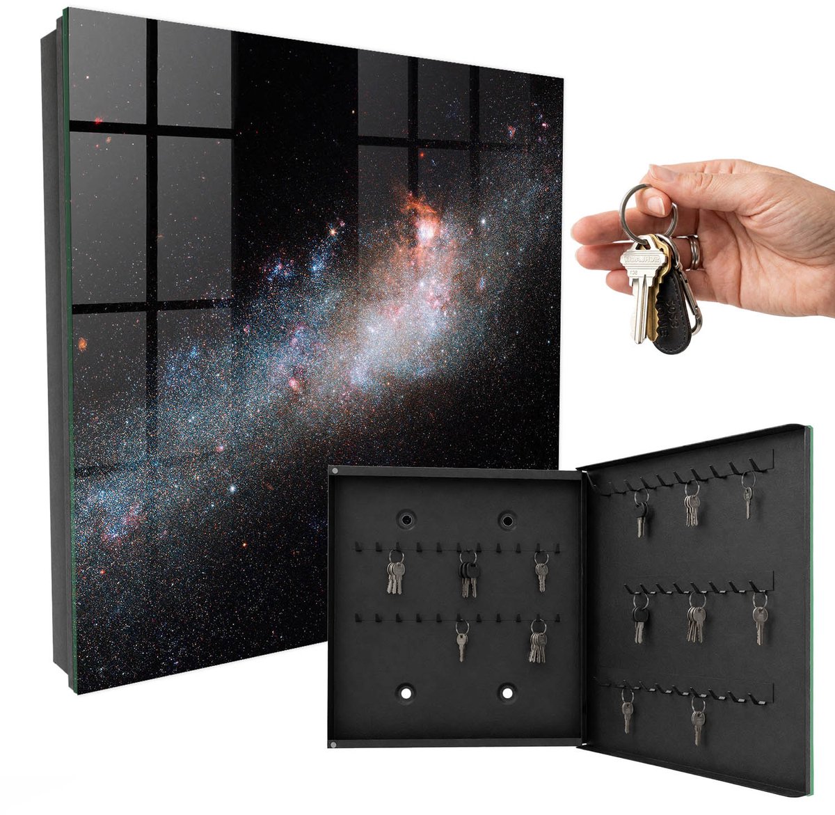 WallMuralia - Sleutelkast - 30x30x5 cm - met 50 haken - Galactisch Mysterie Sleutelkastje Modern - Zwart Sleutelbox - Rechtsopenend - Zwart interieur