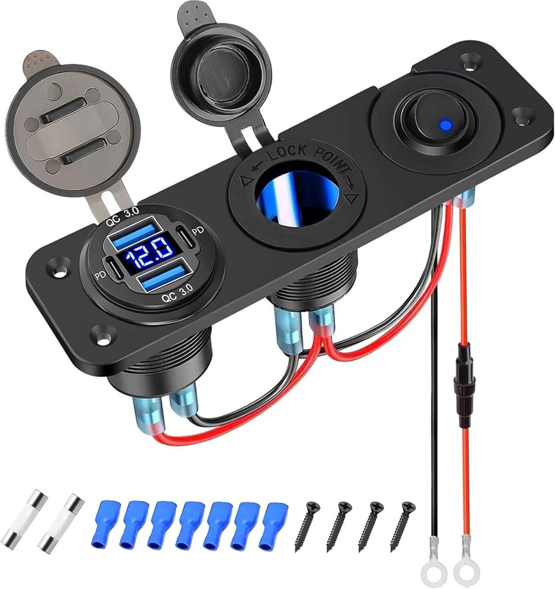 Plaatje voor oplader, USB C, auto, 12 V, sigarettenaansteker, met tuimelschakelaar en led-voltmeter, voor boot, SUV, vrachtwagen, caravan, marineblauw