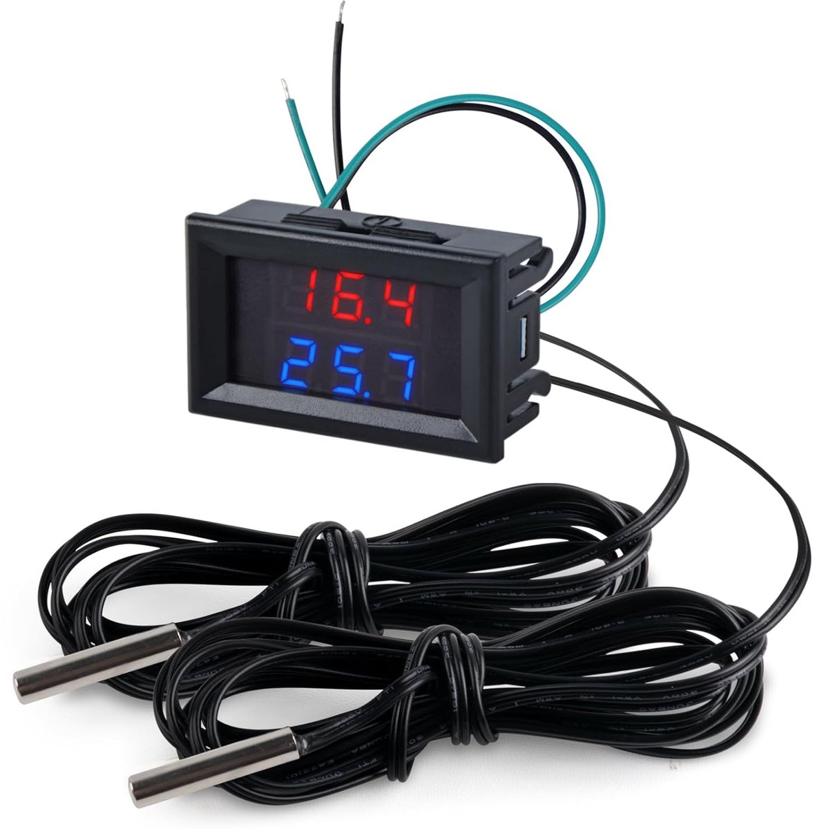 Digitale Thermometer met 2 Waterdichte Metalen Probes DC 4-28V LED Dual Display Temperatuur Meter -55～+120℃ Gauge Sensor Monitor, met 3m Kabel, Rood&Blauw