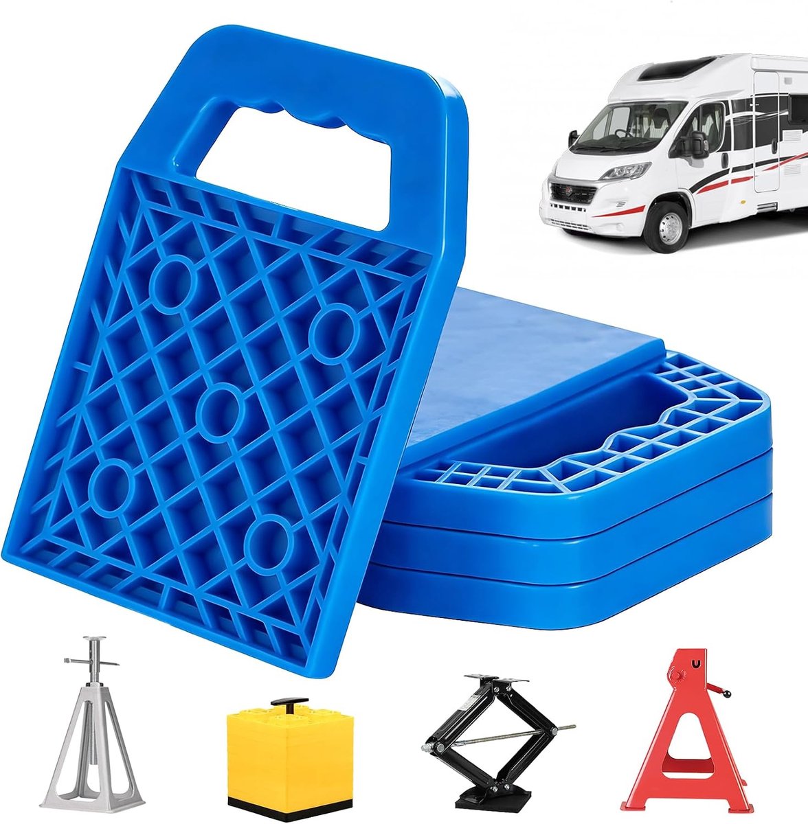 Set van 4 steunplaten, stapelbaar, 23 x 17 cm, caravansteunplaten met handvat, steunplaten voor caravans, camper, tot 3 T max (blauw)