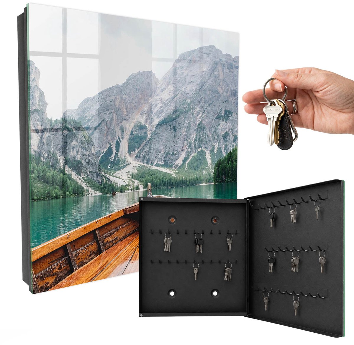 WallMuralia - Sleutelkast - 30x30x5 cm - met 50 haken - Bergzeilen Sleutelkastje - Bruin Sleutelbox - Rechtsopenend - Zwart interieur
