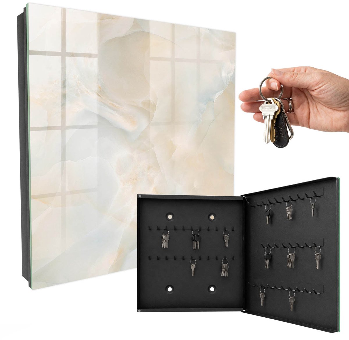 WallMuralia - Sleutelkast - 30x30x5 cm - met 50 haken - Romige Kalmte Sleutelkastje Hal - Romig Sleutelbox - Rechtsopenend - Zwart interieur