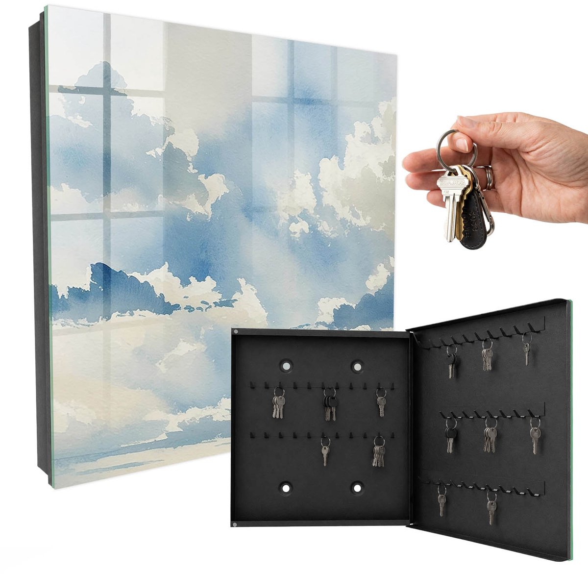 WallMuralia - Sleutelkast - 30x30x5 cm - met 50 haken - Wolken Aan De Hemel Sleutelkastje Huis - Blauw Sleutelbox - Rechtsopenend - Zwart interieur