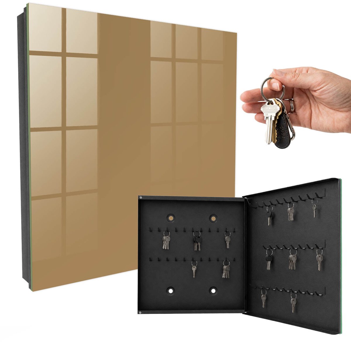 WallMuralia - Sleutelkast - 30x30x5 cm - met 50 haken - Bruine Kleur Sleutelkastje Binnen - Bruin Sleutelbox - Rechtsopenend - Zwart interieur
