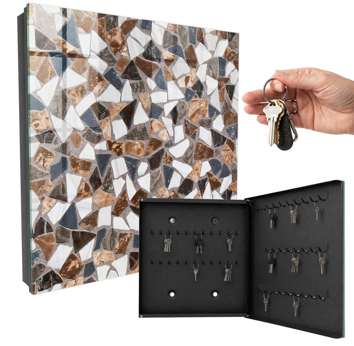 WallMuralia - Sleutelkast - 30x30x5 cm - met 50 haken - Geometrische Mozaïek Sleutelkastje Gang - Bruin Sleutelbox - Rechtsopenend - Zwart interieur