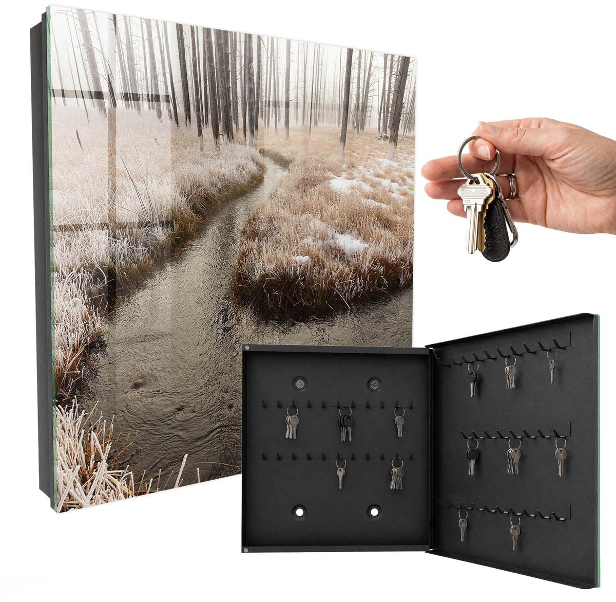 WallMuralia - Sleutelkast - 30x30x5 cm - met 50 haken - Winterrivier Sleutelkastje Huis - Wit Sleutelbox - Rechtsopenend - Zwart interieur