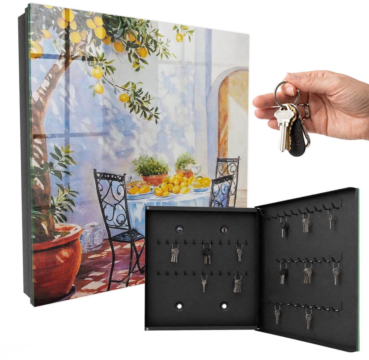 WallMuralia - Sleutelkast - 30x30x5 cm - met 50 haken - Citroentuin Groot Sleutelkastje - Blauw Sleutelbox - Rechtsopenend - Zwart interieur