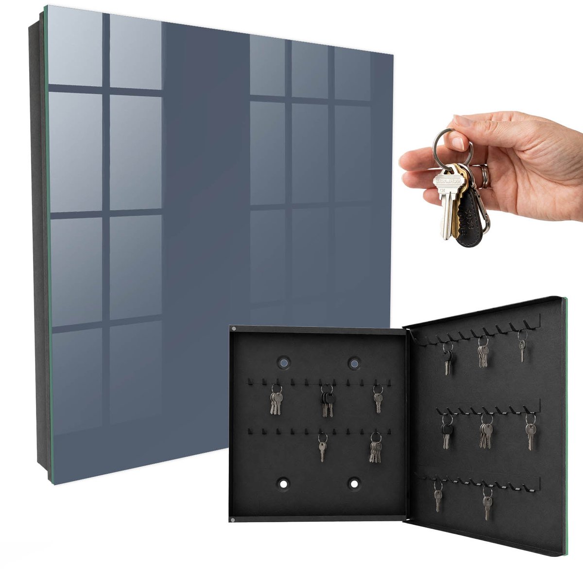 WallMuralia - Sleutelkast - 30x30x5 cm - met 50 haken - Koelgrijs Sleutelkastje Huis - Grijs Sleutelbox - Rechtsopenend - Zwart interieur