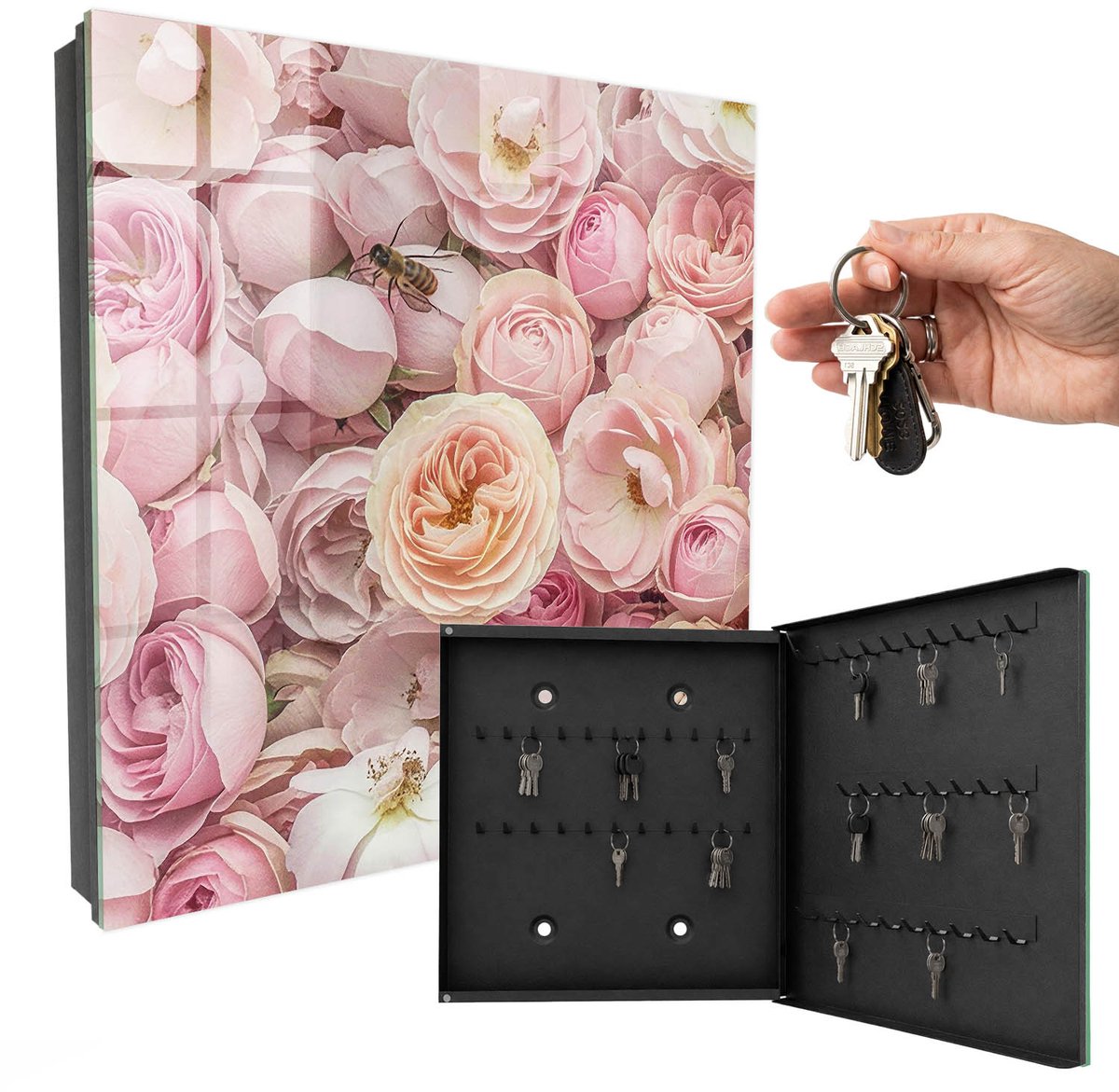 WallMuralia - Sleutelkast - 30x30x5 cm - met 50 haken - Roze, Prachtig Sleutelkastje - Roze Sleutelbox - Rechtsopenend - Zwart interieur