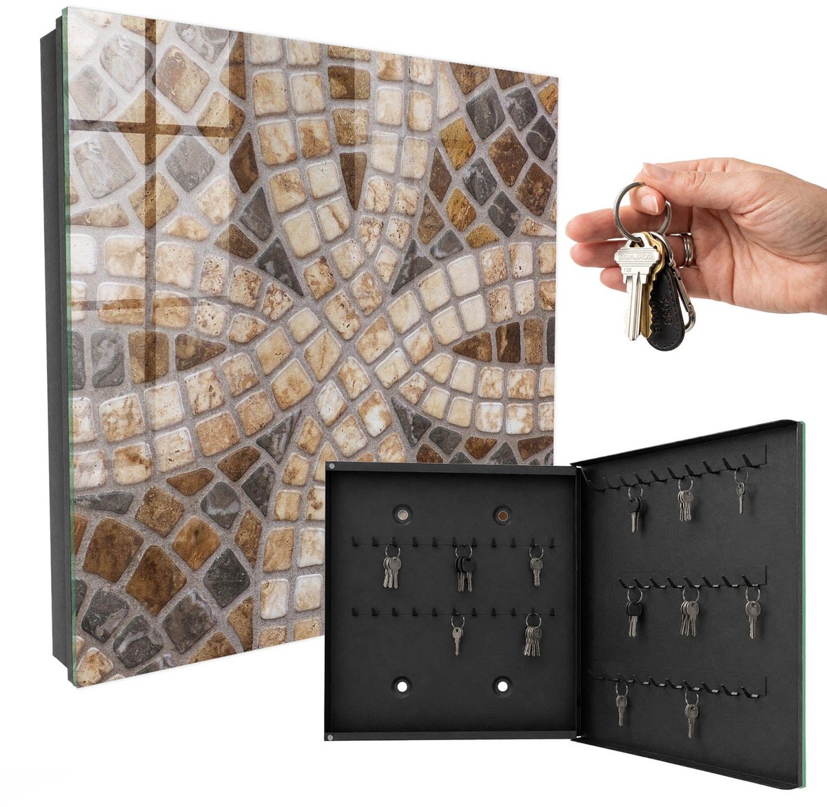WallMuralia - Sleutelkast - 30x30x5 cm - met 50 haken - Stijlvol Mozaïek Leuk Sleutelkastje - Bruin Sleutelbox - Rechtsopenend - Zwart interieur